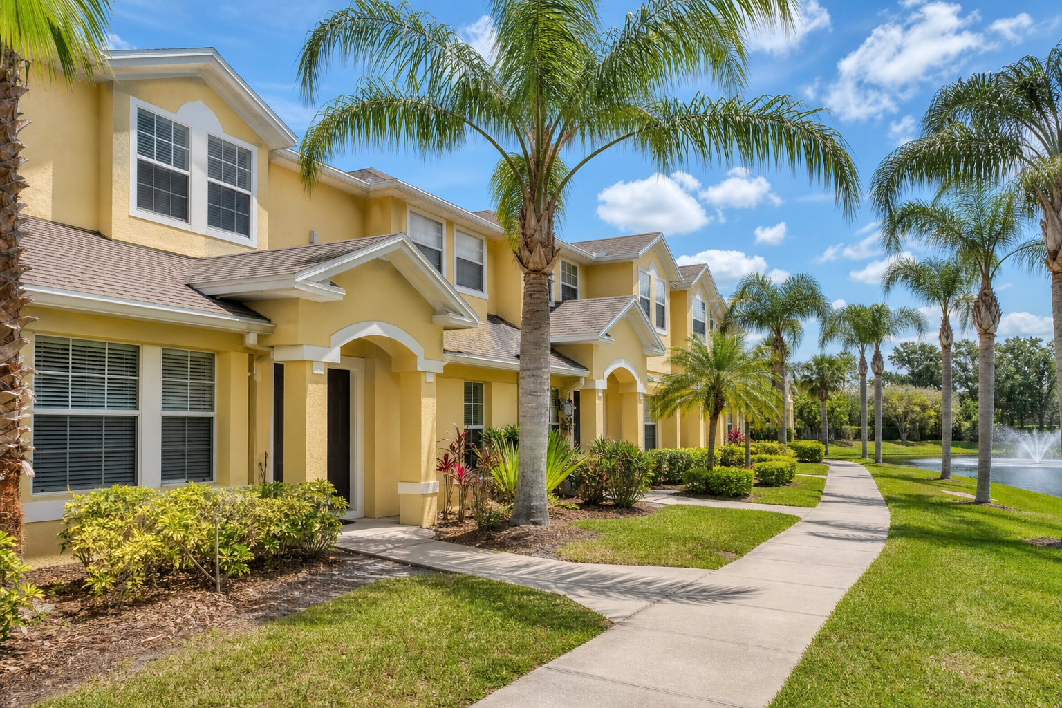 Townhome rental community with palm trees in the Clearwater Tampa Bay area